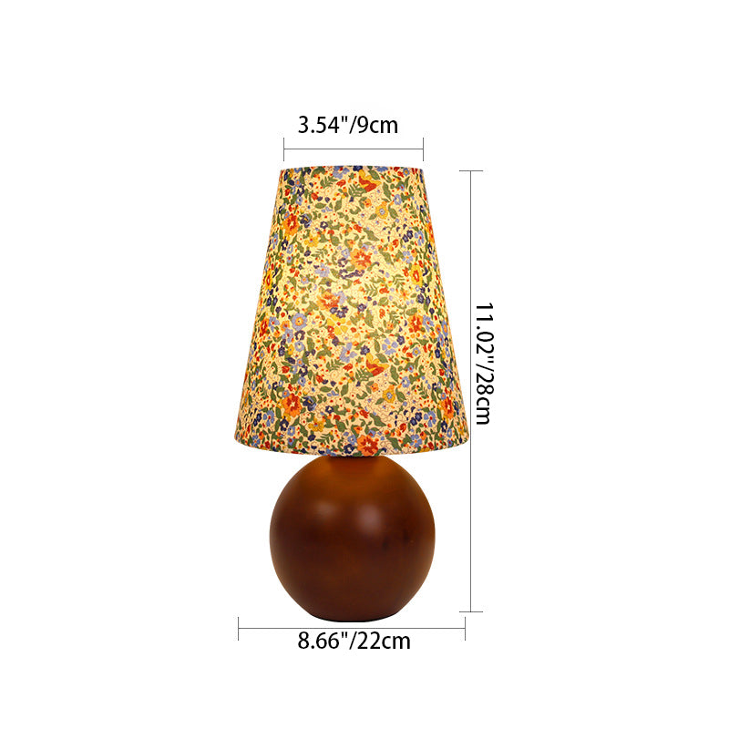 Vintage LED-tafellamp – Cilindrische houten voet en stoffen kap met bloemenmotief