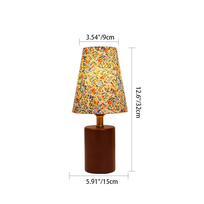Vintage LED-tafellamp – Cilindrische houten voet en stoffen kap met bloemenmotief