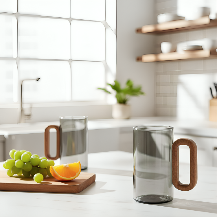 RustiGlass | Nordic glazen mok met houten handvat – Hittebestendige transparante koffiebeker