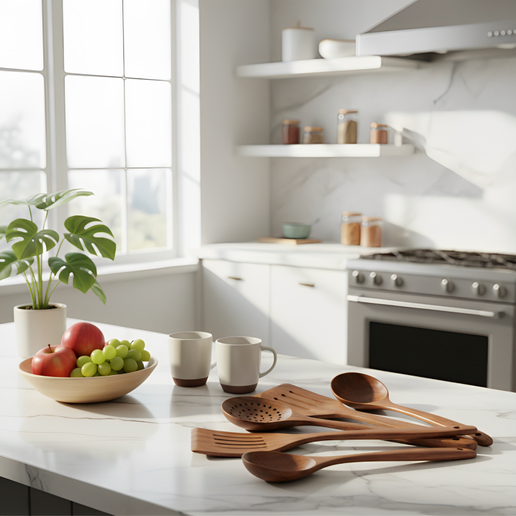 EcoChef | 5-delige rustieke houten kookgerei set – milieuvriendelijke keukengereedschappen