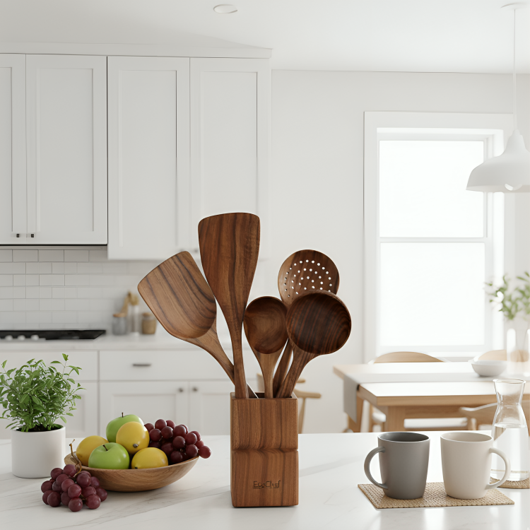 EcoChef | 5-delige rustieke houten kookgerei set – milieuvriendelijke keukengereedschappen