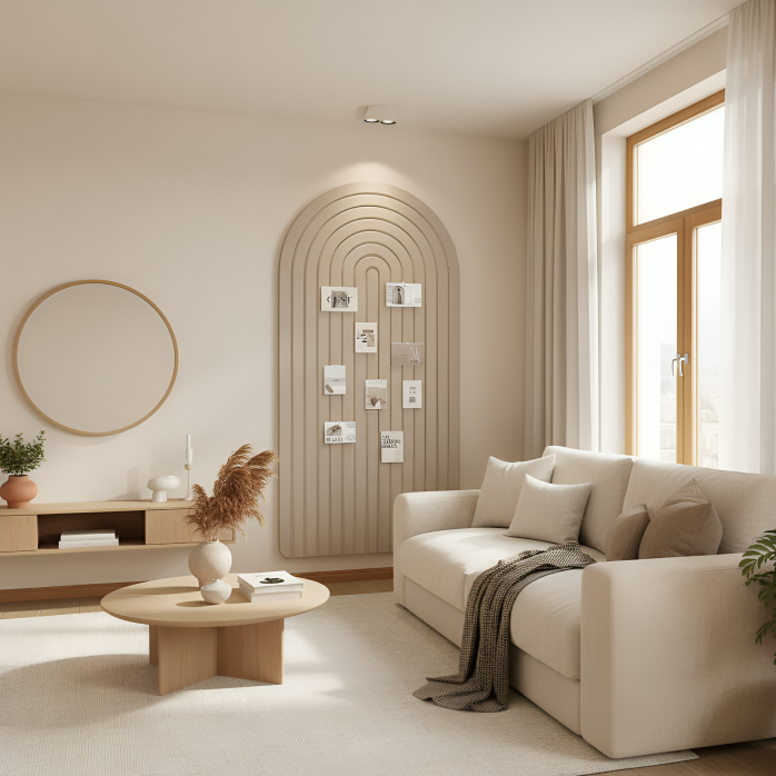 BoardScape | Groot gebogen wandpaneel van vilt – gestreept prikbord voor foto's, notities, zelfklevend display