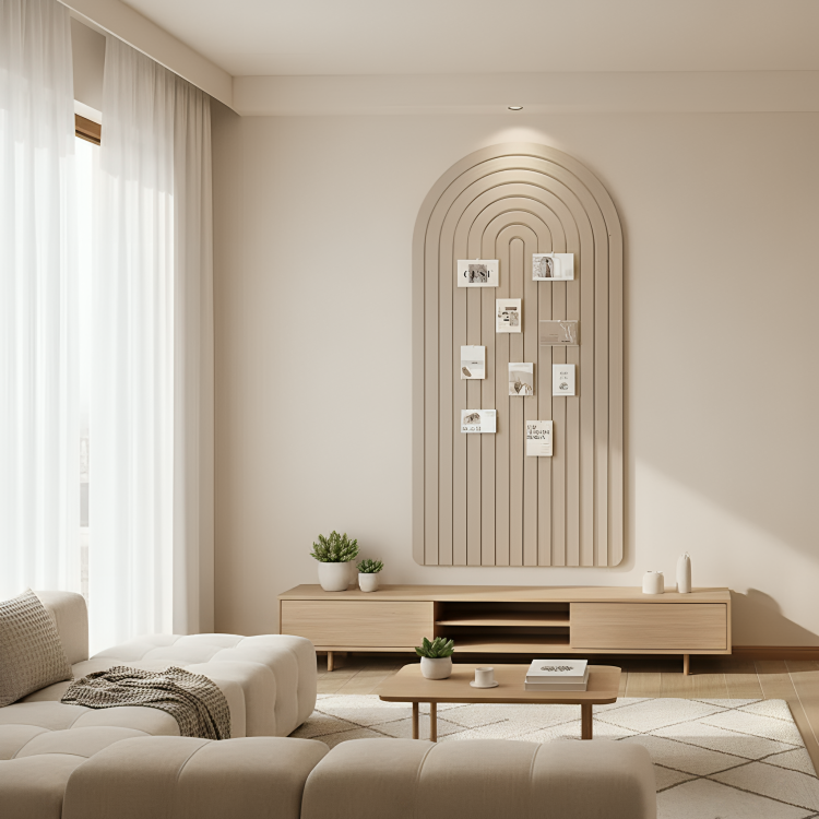 BoardScape | Groot gebogen wandpaneel van vilt – gestreept prikbord voor foto's, notities, zelfklevend display