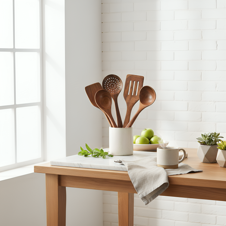 EcoChef | 5-delige rustieke houten kookgerei set – milieuvriendelijke keukengereedschappen